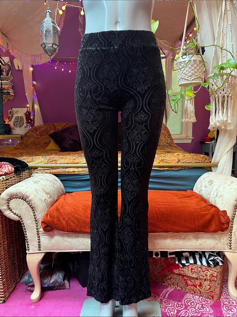Vintage 2010s Goth Grunge velvet damask Jacquard bell bottom flare pants